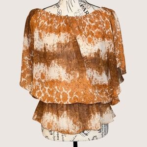Ali Kris Sheer Peplum Blouse Small Rust Brown Abstract‎ Flutter Sleeve Feminine